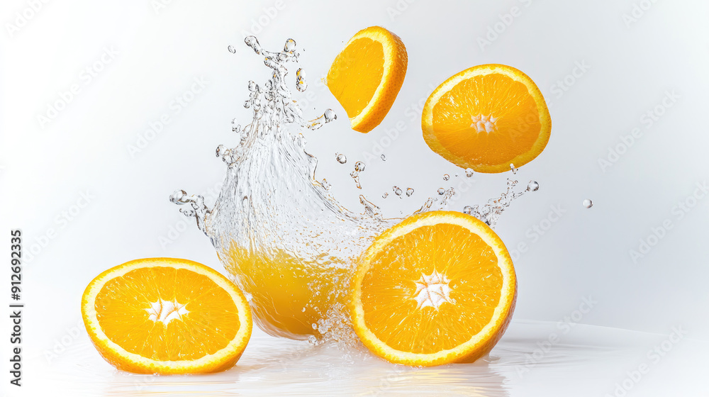 Juicy orange slices splashing in water, showcasing freshness and vibrant color, perfect for food and beverage-related themes. Juicy orange slices splashing in water, showcasing freshness and vibrant color, perfect for food and beverage-related themes.