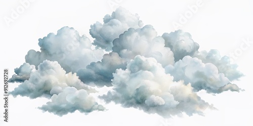 Whimsical set of soft, white watercolor clouds drift across a transparent background, perfect for adding a touch of ethereal elegance to digital designs.