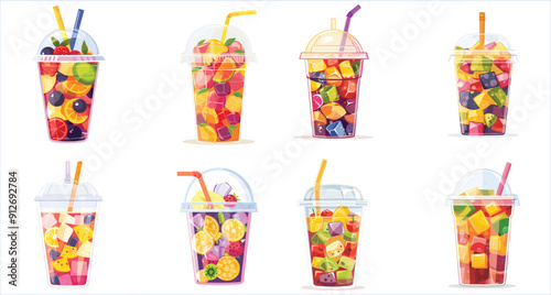 Plastic cup with ice and fresh fruit mix, Drinks with fruit and ice in plastic cups