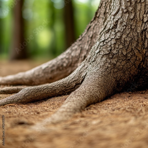 The base of a massive tree in a forest, with exposed roots and rough bark, showcasing the intricate grain and texture of the wood photo