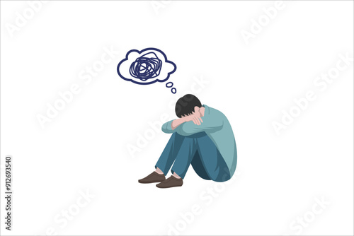 Young man in depression with bewildered thoughts in her mind. Young sad man sitting and unhappy hugging her knees.
