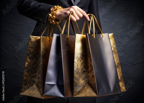 Elegant black hand grasping luxurious gold paper bags with ornate handles, exuding sophistication and exclusivity in a high-end shopping experience.