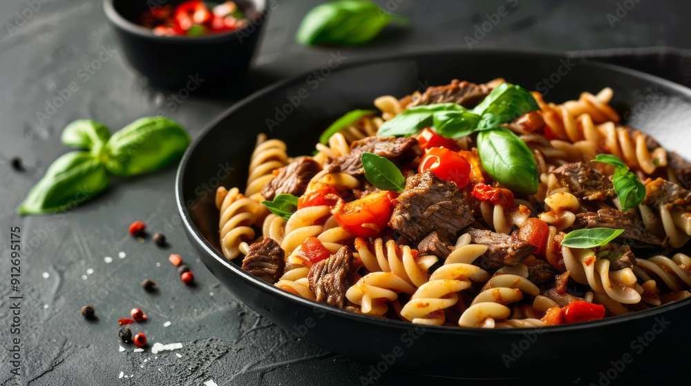 Pasta Fusilli with tomatoes, beef and basil in black bowl on. copy space Pasta Fusilli with tomatoes, beef and basil in black bowl on. copy space