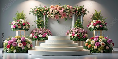 Luxurious podium adorned with flowers, perfect for elegant events and product showcases , event decor