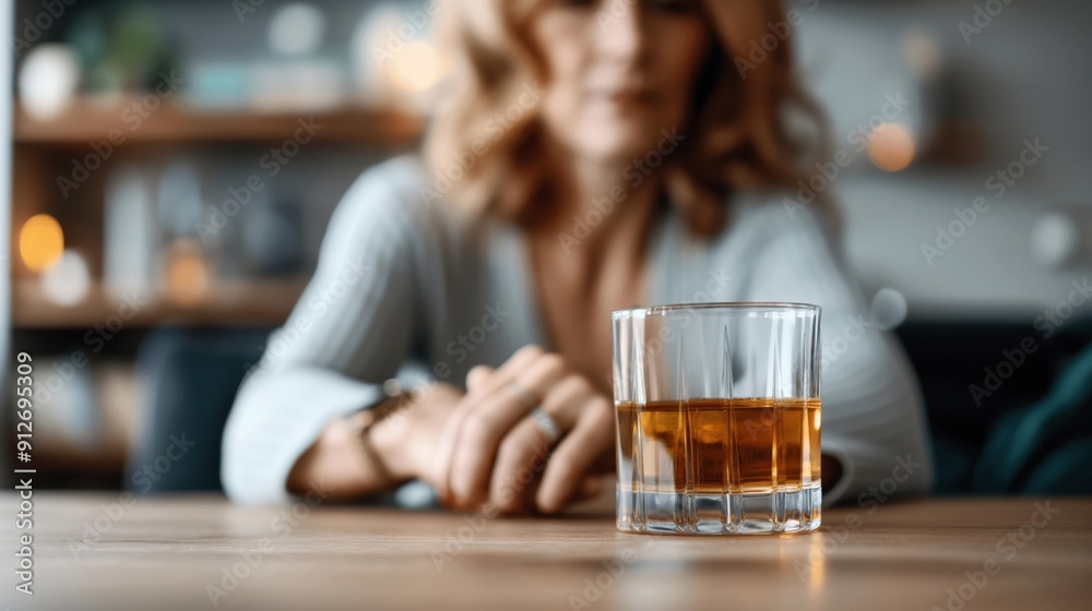 Close-up of a glass of whiskey with an out-of-focus woman in the background sitting at a table, concept of female alcoholism. Close-up of a glass of whiskey with an out-of-focus woman in the background sitting at a table, concept of female alcoholism.
