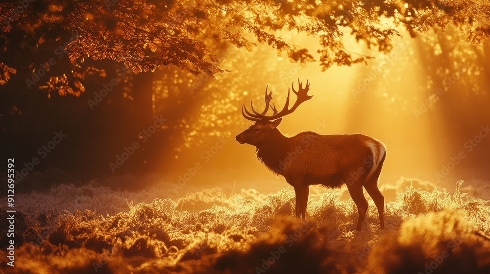Deer with majestic antlers pensive under a tree in the morning sunlight.