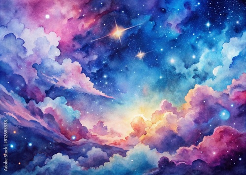 Vibrant hand-painted watercolor galaxy background features swirling clouds of pink, blue, and purple hues, starry night sky, and whimsical cartoon-style cosmic elements. photo