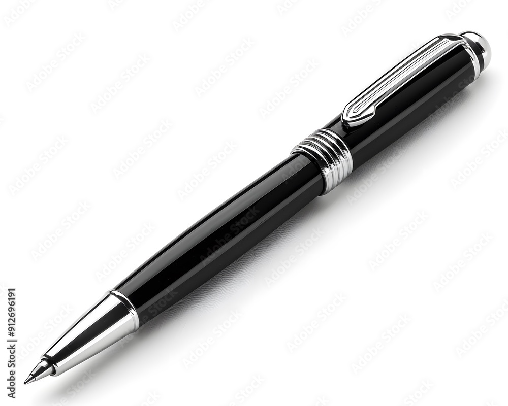 Elegant black ballpoint pen with chrome details on a white background, ideal for writing and signing documents. Elegant black ballpoint pen with chrome details on a white background, ideal for writing and signing documents.