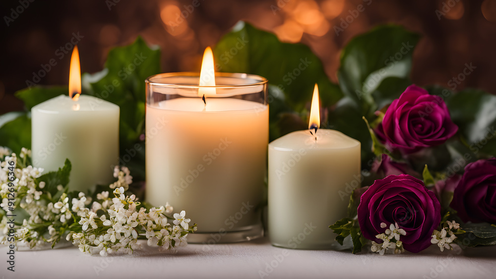 Three candles are lit and placed on a table with flowers