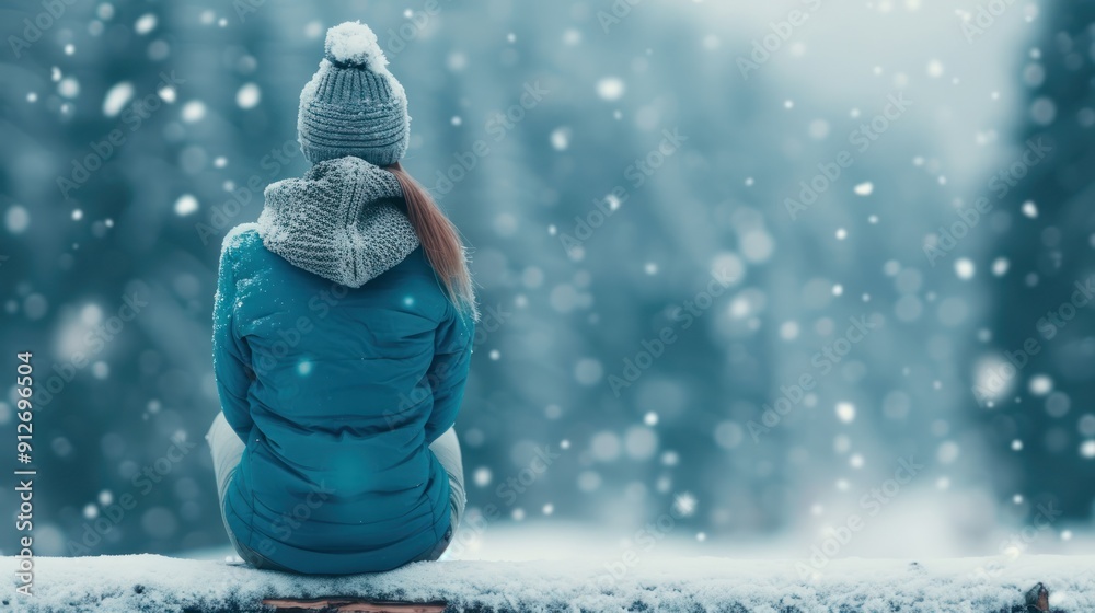 A spectral woman with a sad smile, sitting on a fallen log in the snow-covered forest