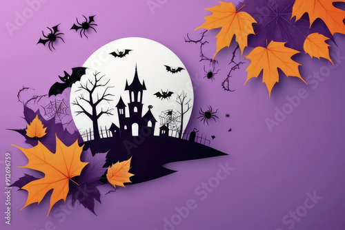 Funny Halloween pumpkin lantern, spiders and autumn leaves on a purple background. photo