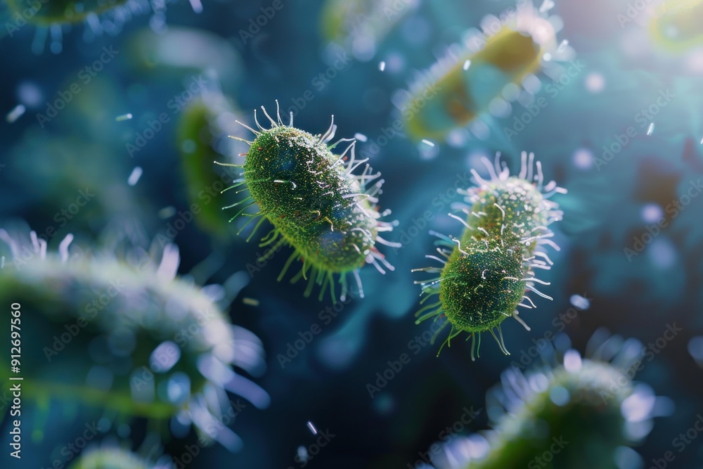 Microscopic view of bacteria cells floating in a body, concept for science and health Microscopic view of bacteria cells floating in a body, concept for science and health