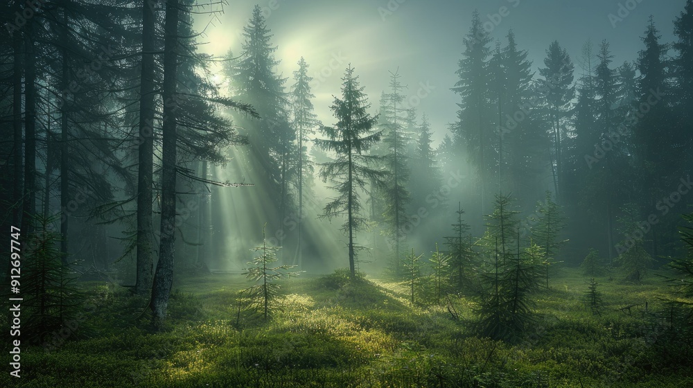 Sunlight streaming through dense fog in a forest Sunlight streaming through dense fog in a forest