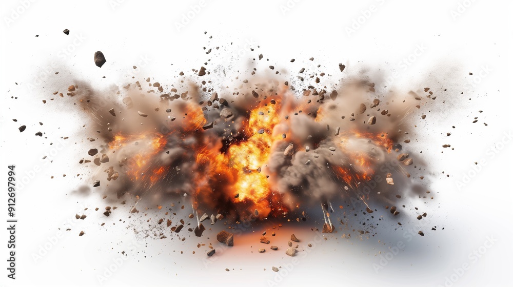 Intense explosion with bright orange flames isolated on a white background. The smoke is a mixture of dark gray and white, indicating the ferocity of the fire. Intense explosion with bright orange flames isolated on a white background. The smoke is a mixture of dark gray and white, indicating the ferocity of the fire.