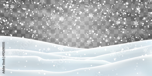 Vector heavy snowfall with snowbanks field. Christmas vector illustration. Snow flakes, snow and blizzard falling on snowdrifts. Snow landscape decoration, frozen hills isolated on png background