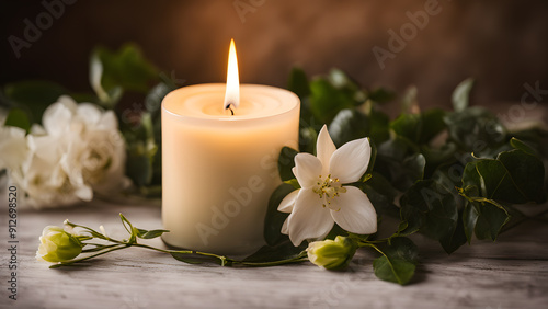 A candle is lit on a table with a white flower next to it