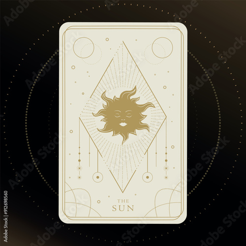 Tarot card of Major Arcana the Sun. Tarot card in golden and white colors. Tarot symbolism. Mystery, astrology, esoteric. Vector illustration