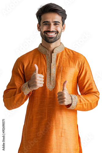 Handsome Young Indian Man in Traditional Attire Smiling Confidently, Male Model wearing orange Kurta, Giving Thumbs Up, Transparent Background