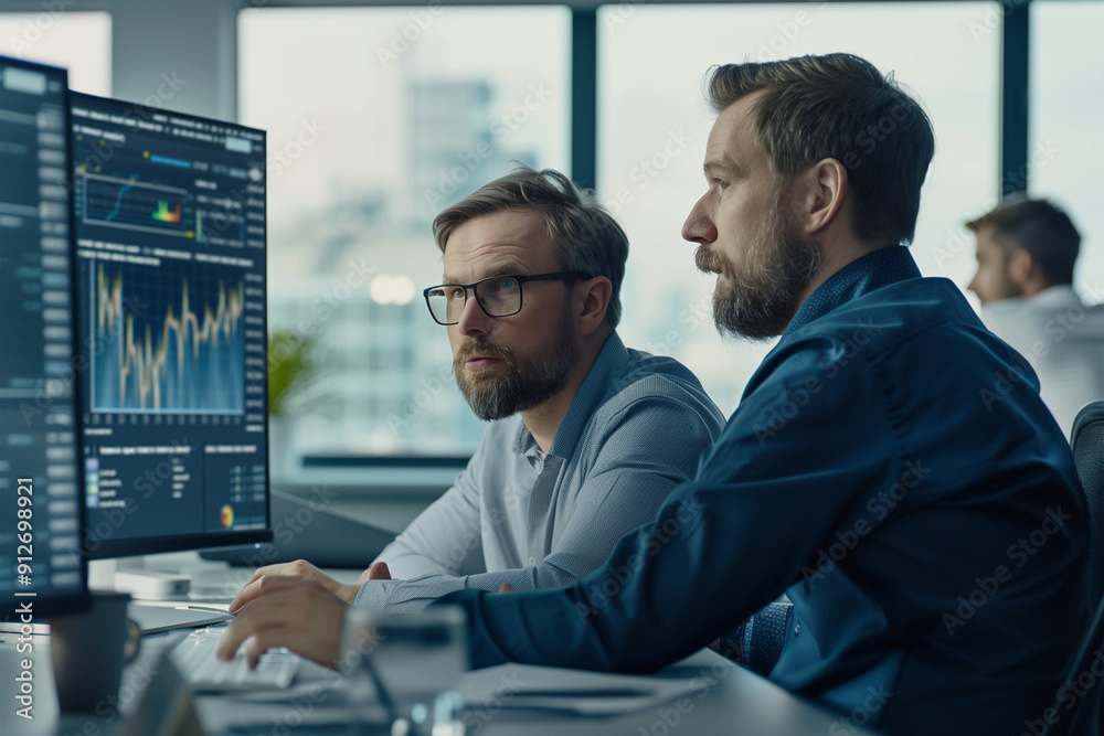 two businessmen in formal attire analyzing charts on a screen in a modern office, stock market investment and trading two businessmen in formal attire analyzing charts on a screen in a modern office, stock market investment and trading