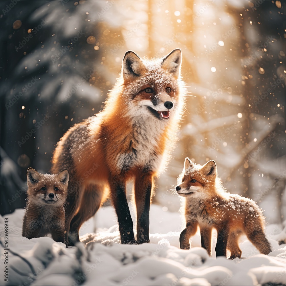 Fototapeta premium A family of red foxes in a snow-covered forest, sharing a joyful moment in the serene winter scene.
