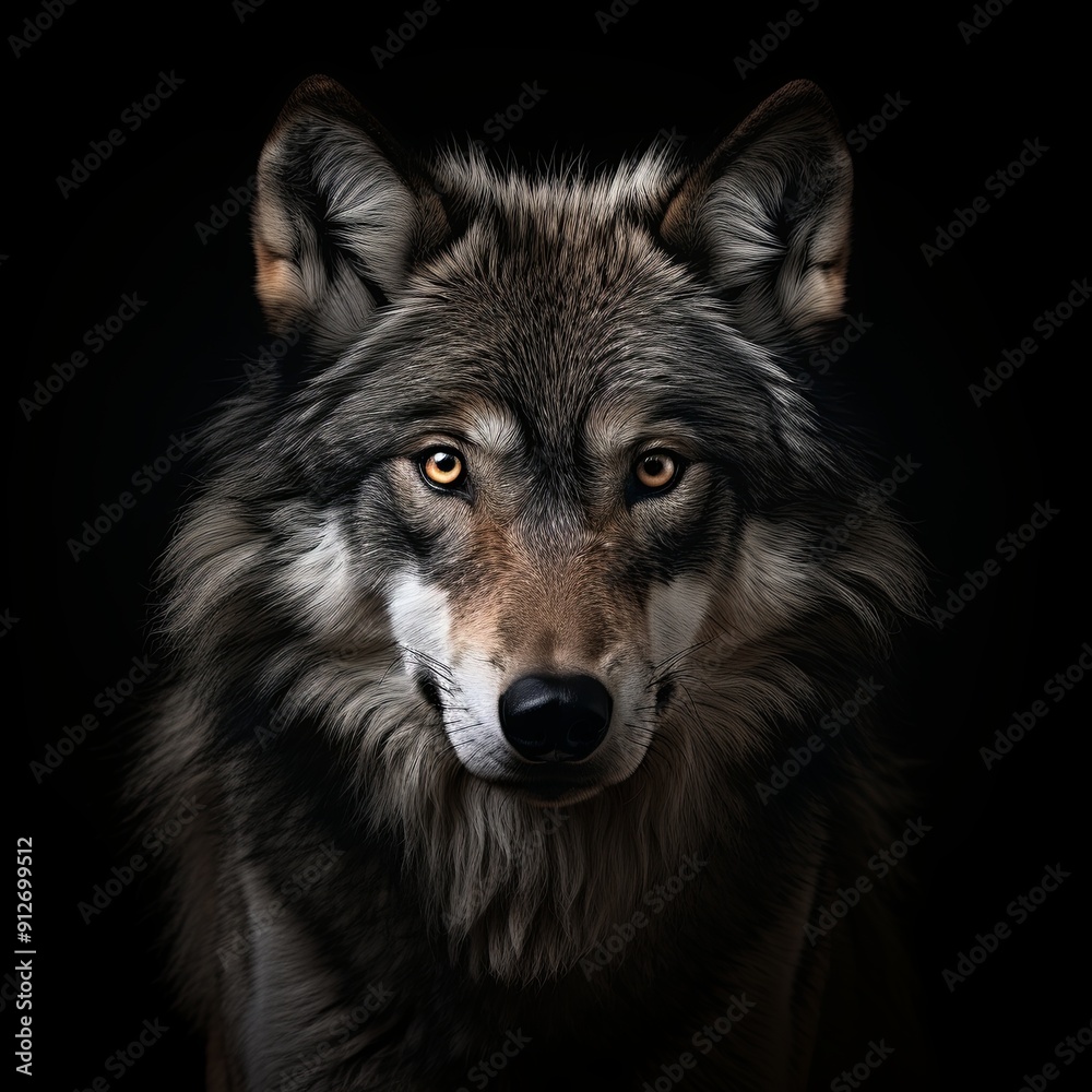 Fototapeta premium A striking close-up portrait of a majestic wolf with intense yellow eyes against a black background. Ideal for wildlife collections, book covers, and captivating marketing campaigns.