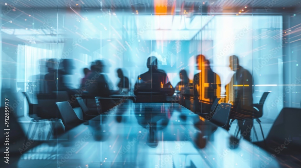 Abstract concept of a busy meeting atmosphere with blurred figures engaged in discussion and networking activities. Abstract concept of a busy meeting atmosphere with blurred figures engaged in discussion and networking activities.