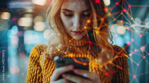 Woman Using Smartphone with Digital Network Overlay