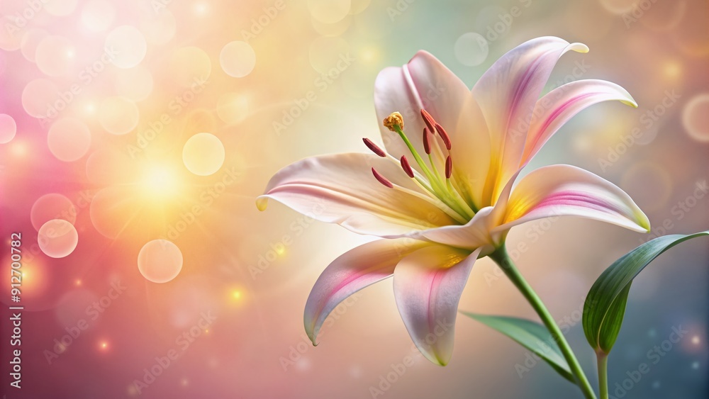 Fototapeta premium Beautiful blooming lily flower minimalist fantasy background template fresh light pink yellow white color lily flower poster nature background, Aesthetics floral inspirational tenderness illustration