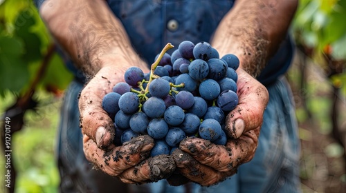 Close-up of a determined farmer's hands carefully selecting the ripest grapes, symbolizing the organic harvest and sustainable farming practices. Agriculture, nature and fresh produce themes. photo