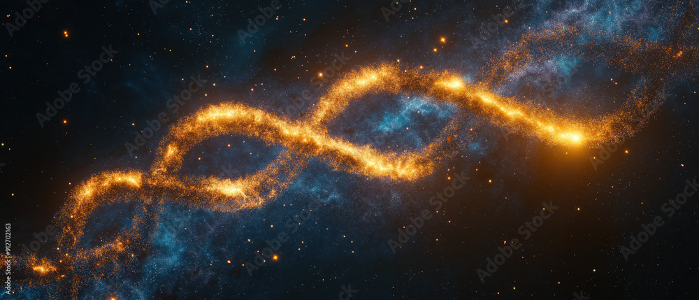 Fototapeta premium Stunning cosmic image featuring a glowing, twisting pattern of golden light set against a deep blue starry background.