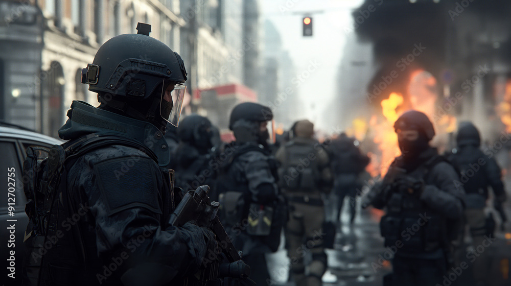 Riot police officers in tactical gear during a city protest with fires burning in the background. Riot police officers in tactical gear during a city protest with fires burning in the background.