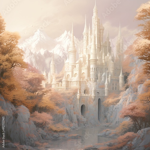 A majestic castle in a serene valley, surrounded by snow-capped mountains. Grand spires reach the sky, with a gentle river winding through the landscape, creating enchanting beauty. photo