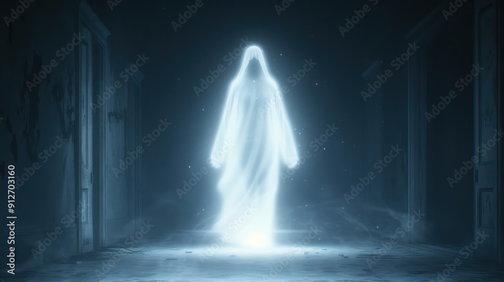 A translucent figure with a tattered cloak, drifting down the haunted forest path in the fog A translucent figure with a tattered cloak, drifting down the haunted forest path in the fog
