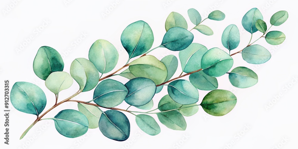 Obraz premium Delicate watercolor illustration of fresh eucalyptus leaves in soft greens and blues on a crisp white background, perfect for botanical art or nature-inspired designs.