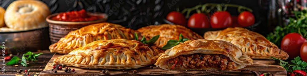 Homemade meat and vegetable patty pies Italian closed calzone pizza Mexican empanada and Karaim Ukrainian pies served with homemade tomato sauce fresh basil and spices on a dark table Homemade meat and vegetable patty pies Italian closed calzone pizza Mexican empanada and Karaim Ukrainian pies served with homemade tomato sauce fresh basil and spices on a dark table