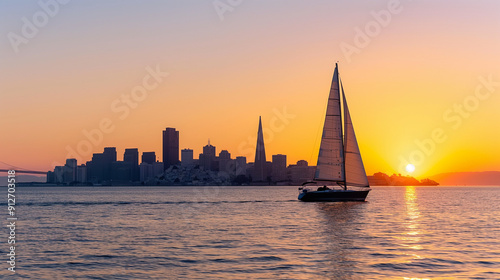 A sailboat in front of the San Francisco skyline, viewed from Sausalito at sunset. 
