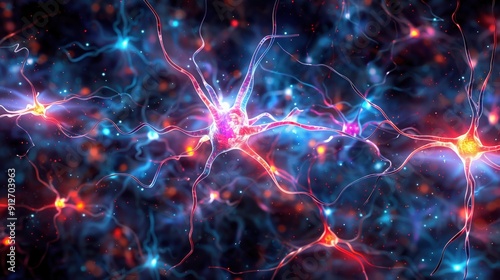 Abstract Neural Network Representing the Complexity of the Human Brain with Glowing Red and Blue Colors