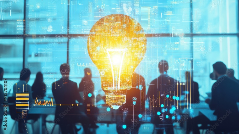 Silhouettes of business people in a meeting room with a glowing lightbulb graphic superimposed, representing innovation and ideas. Silhouettes of business people in a meeting room with a glowing lightbulb graphic superimposed, representing innovation and ideas.