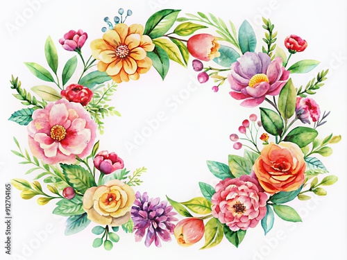 Delicate watercolor floral wreath with vibrant flowers and lush green leaves surround a circular frame, isolated on a pure white background, ideal for greeting card design.