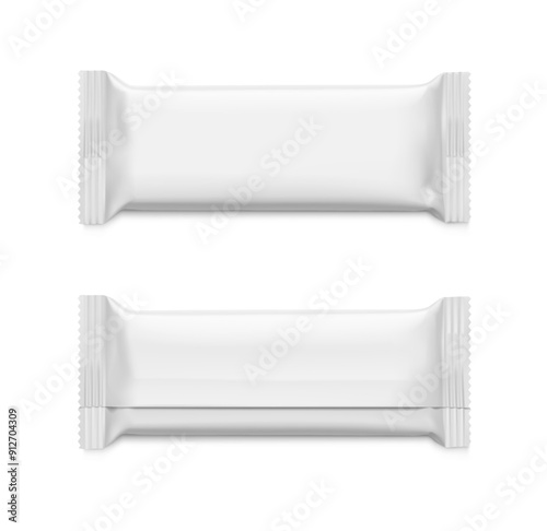 Realistic flow packaging mockup for bars, candies, waffles. Front and rare side. Vector illustration on white background. Easy to use for presentation your product, idea, design. EPS10.