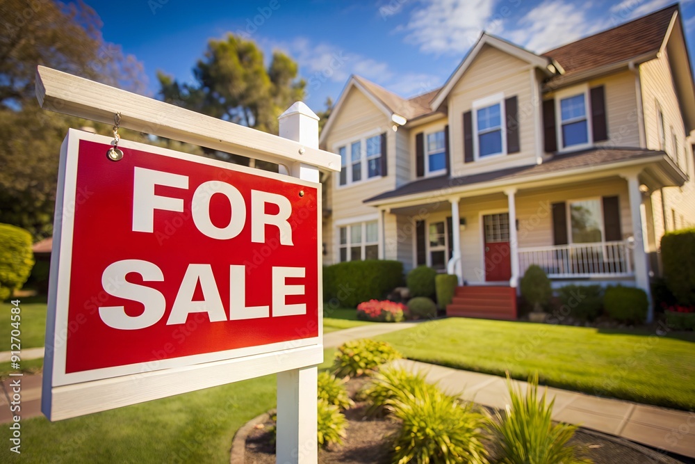 Red for sale sign displayed in front of house Red for sale sign displayed in front of house