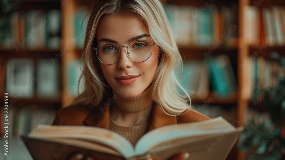 White business woman with a discreet smile on her face, with an open book in front of her. White business woman with a discreet smile on her face, with an open book in front of her.