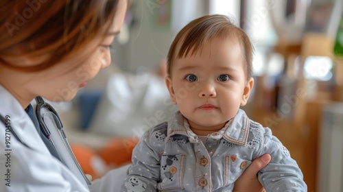 Closeup of a doctor holding a baby in a denim shirt looking at the camera in a warm and inviting room