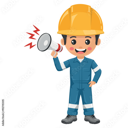 Industrial mechanic worker making an announcement with a megaphone. Supervisor engineer with his coverall and personal protective equipment. Industrial safety and occupational health at work