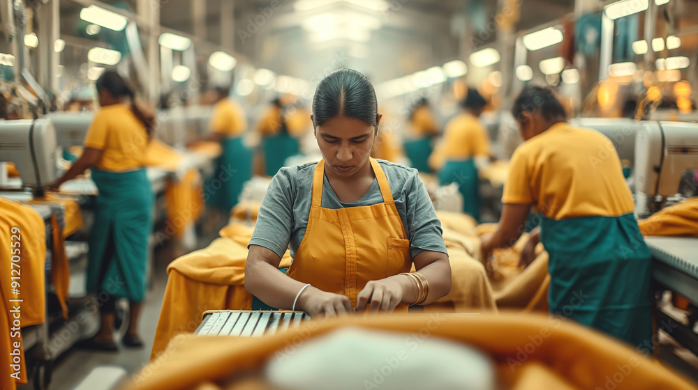 A female worker focused on sewing in a garment factory, surrounded by other workers and sewing machines.