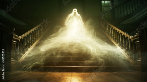 A translucent figure with glowing eyes, hovering above the grand staircase in the haunted mansion