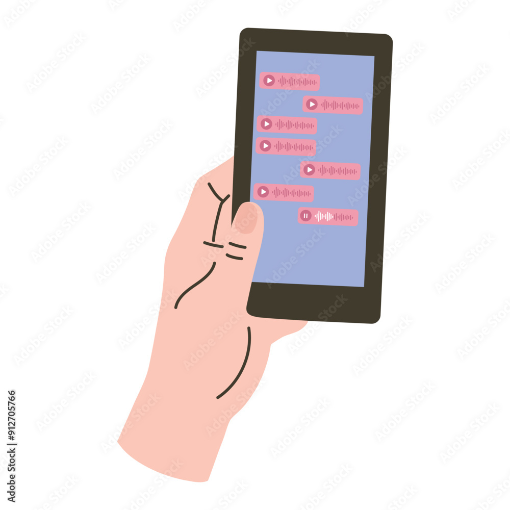 Hand holding a smartphone with voice messages on the screen. Vector illustration design Hand holding a smartphone with voice messages on the screen. Vector illustration design
