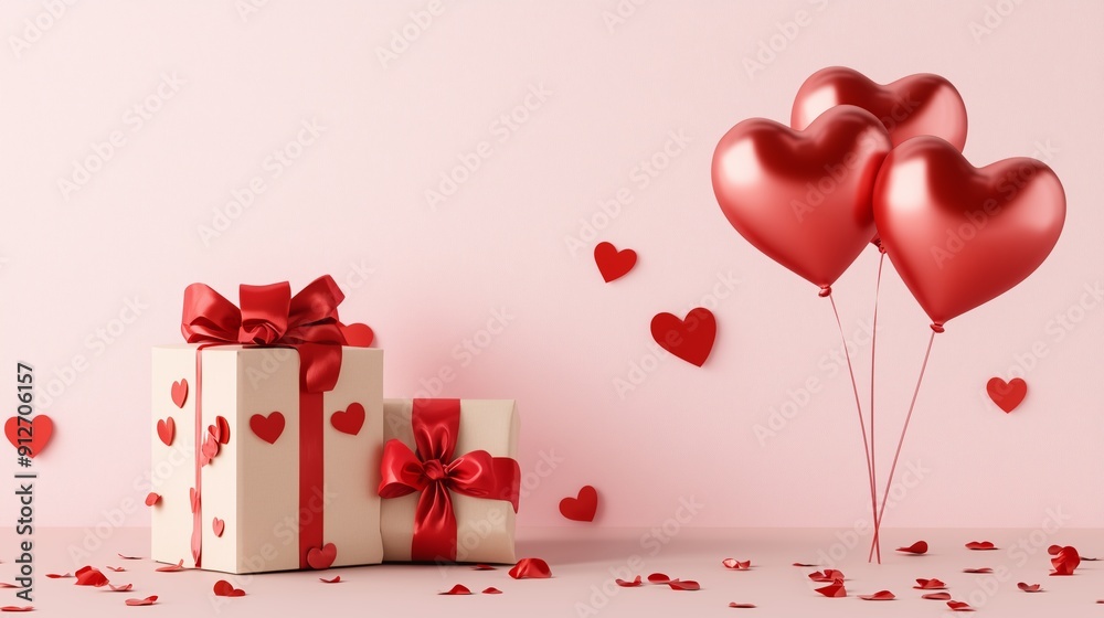 Valentine's Day Scene with Wrapped Gifts and Heart Balloons Valentine's Day Scene with Wrapped Gifts and Heart Balloons