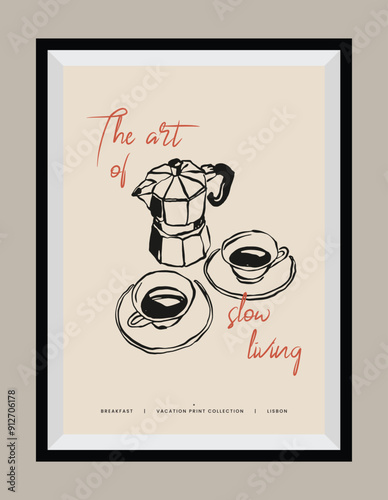 Minimal hand drawn vector dolce vita illustration with aesthetic quote in a poster frame. Art for greeting cards, wedding invitations, postcards, branding, logo design. Matisse style illustrations.	