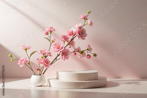Wallpaper Mural Delicate pink flowers bloom on a sleek 3D podium against a soft white background, evoking a sense of spring beauty and natural elegance in this minimalist product display scene. Torontodigital.ca